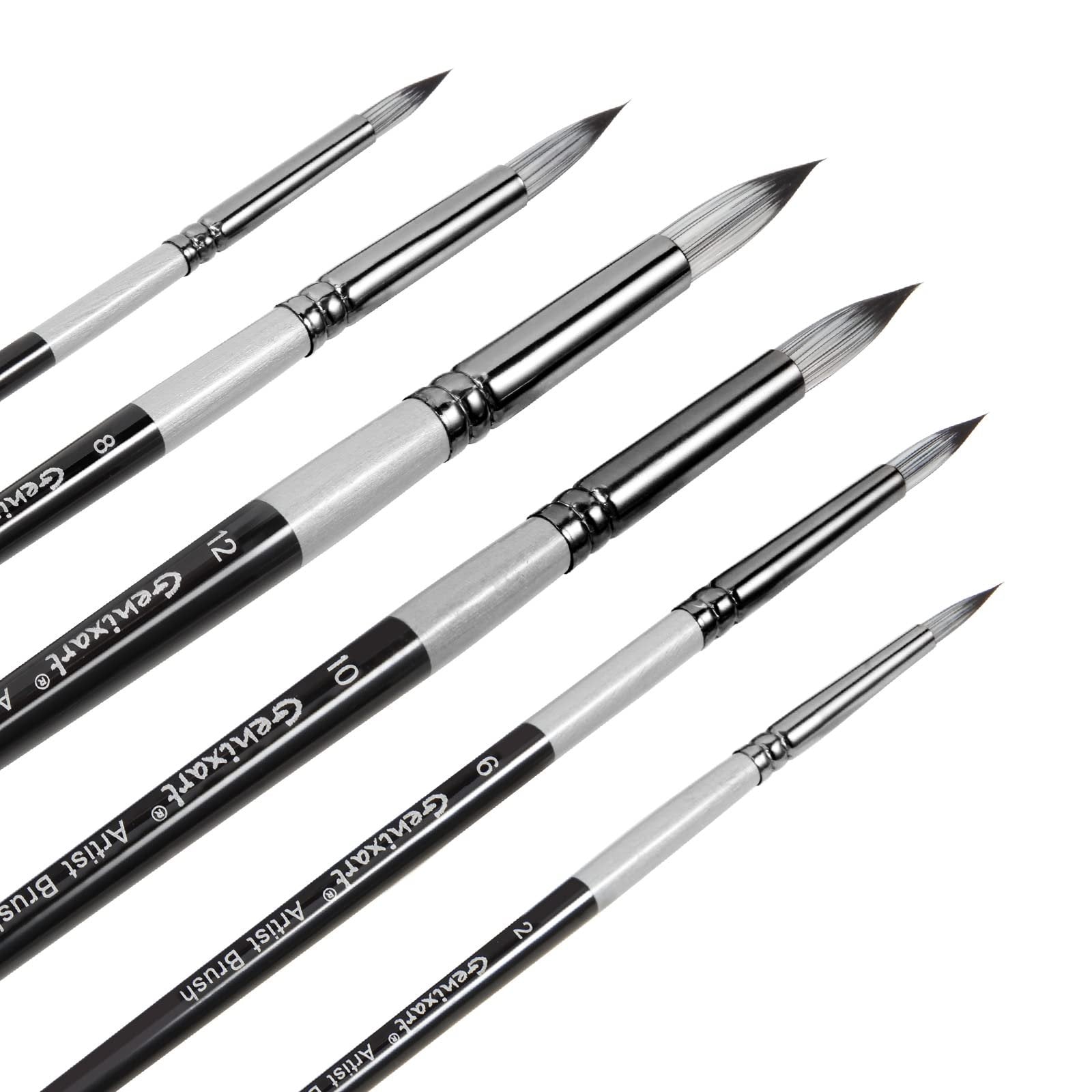Set of six round pointed tip paint brushes with silver ferrules and white handles, sizes 2-12 visible.