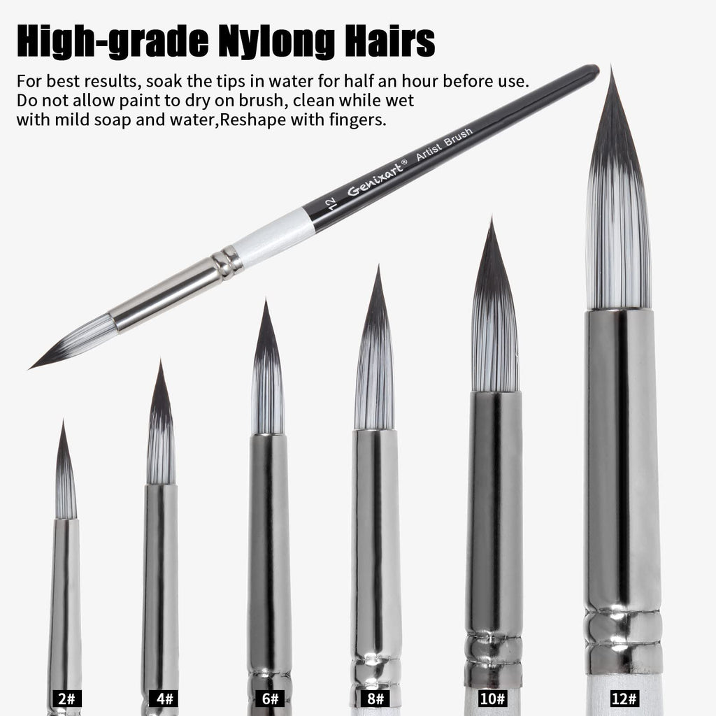 Set of six round pointed tip paint brushes with nylon bristles, showing sizes 2 through 12, with care instructions and brand name visible.
