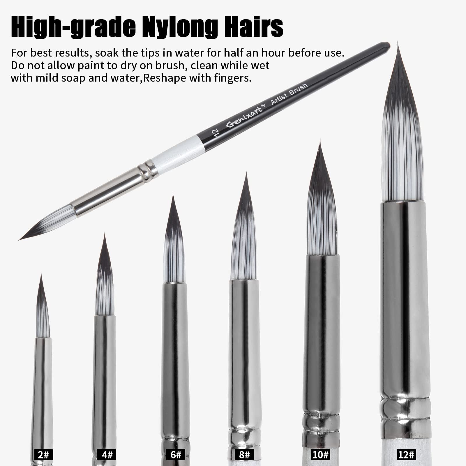 Set of six round pointed tip paint brushes with nylon bristles, showing sizes 2 through 12, with care instructions and brand name visible.