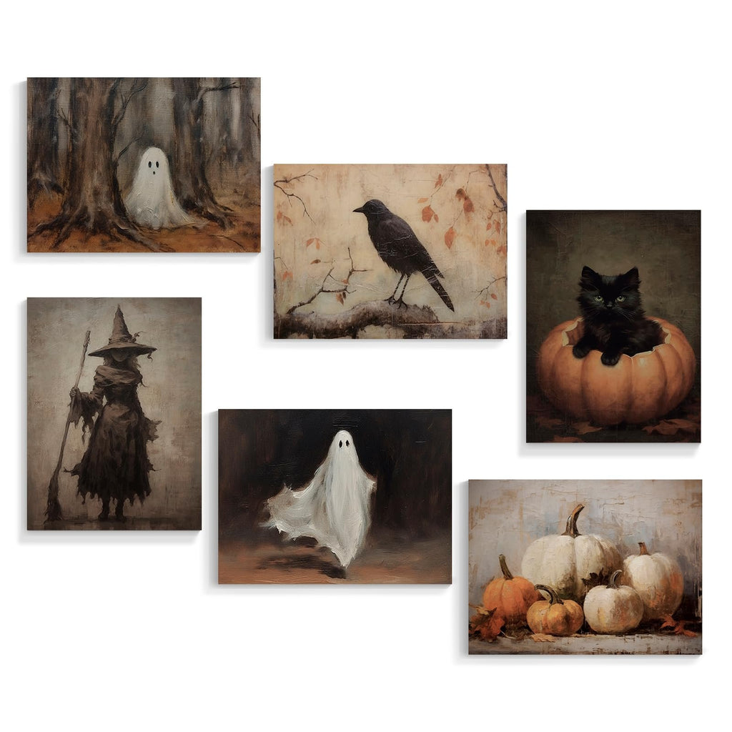 Six vintage Halloween canvas art prints featuring ghosts, a witch, a crow, and pumpkins.