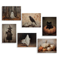 Six vintage Halloween canvas art prints featuring ghosts, a witch, a crow, and pumpkins.