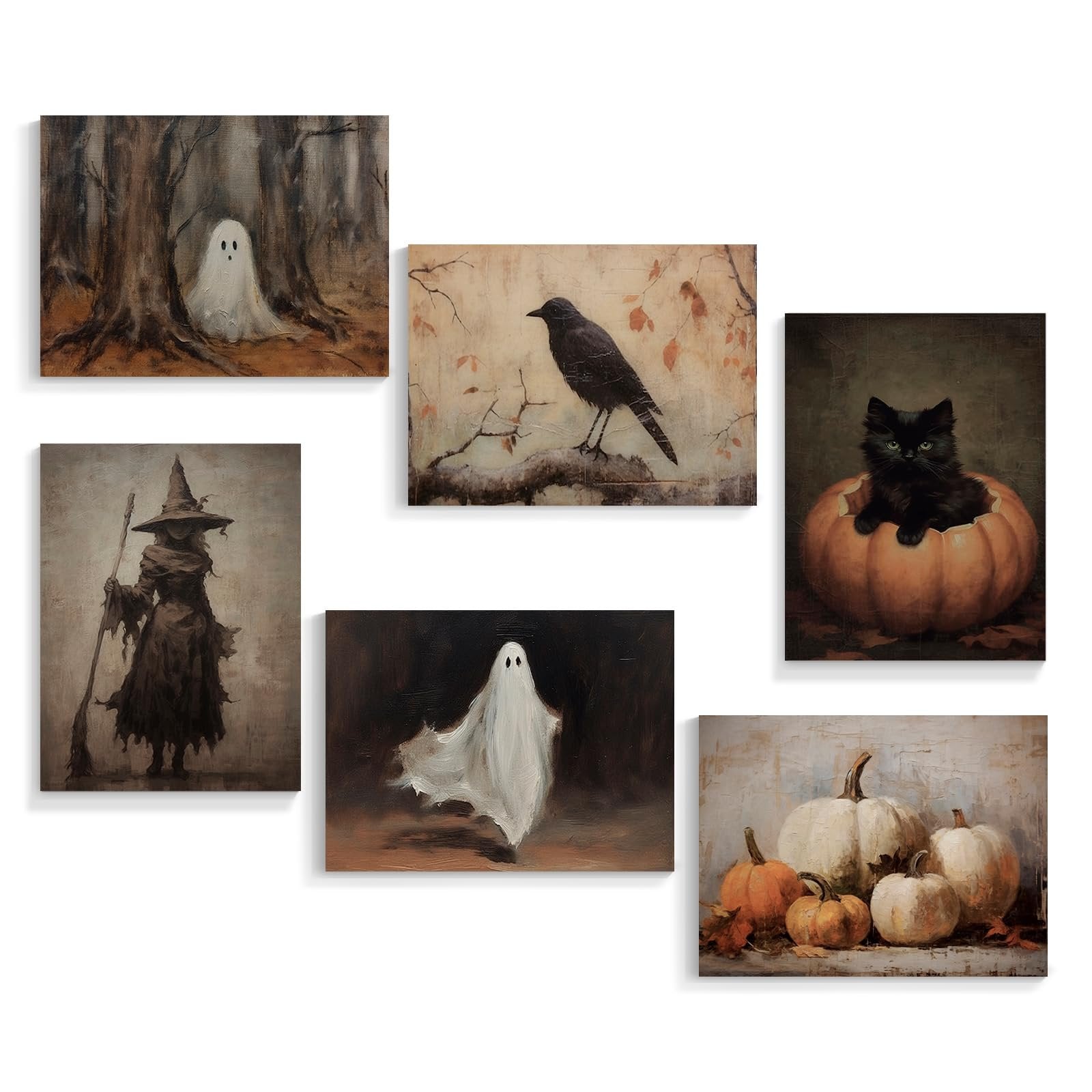 Six vintage Halloween canvas art prints featuring ghosts, a witch, a crow, and pumpkins.