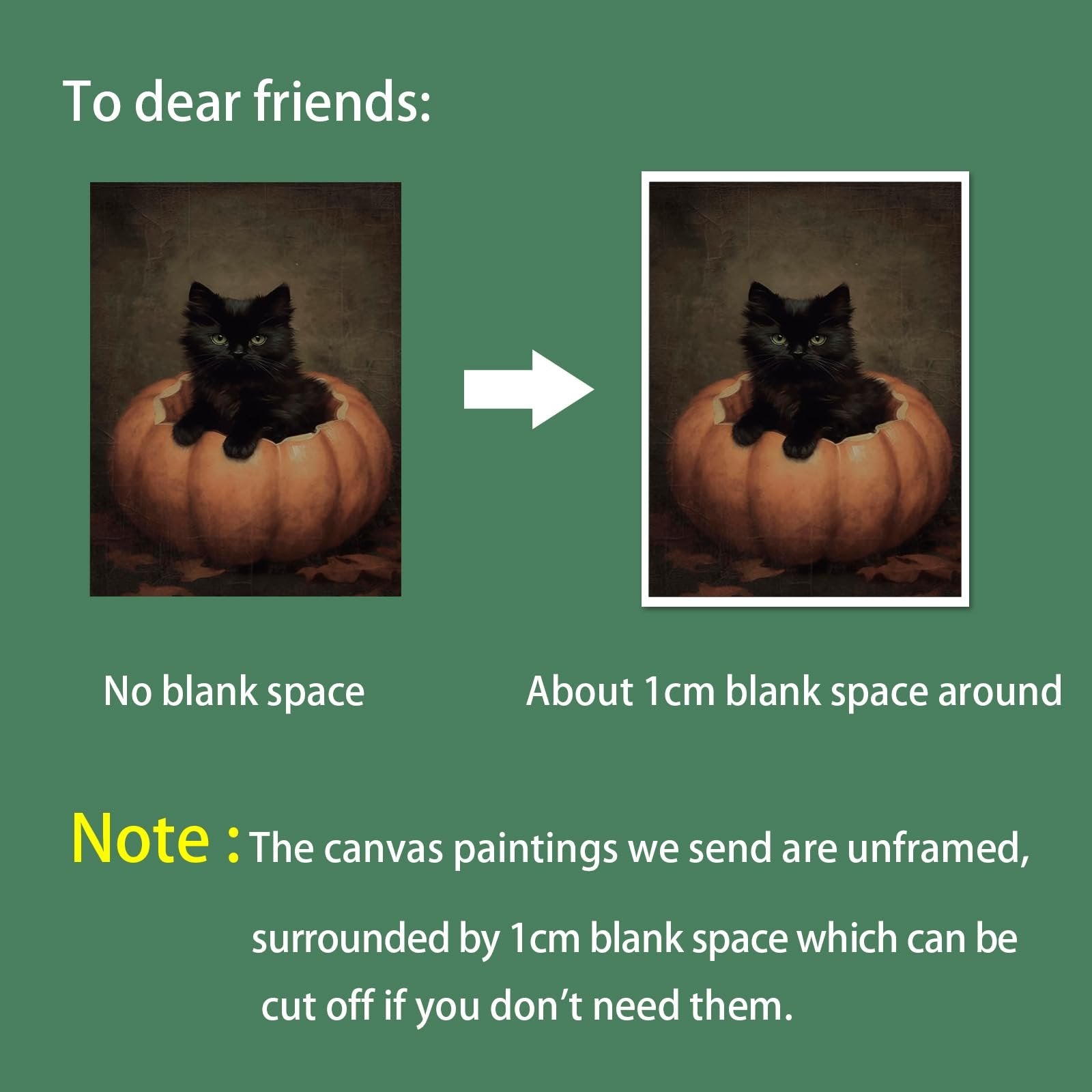Vintage Halloween canvas art showing a black kitten in a pumpkin, with text explaining framing options.