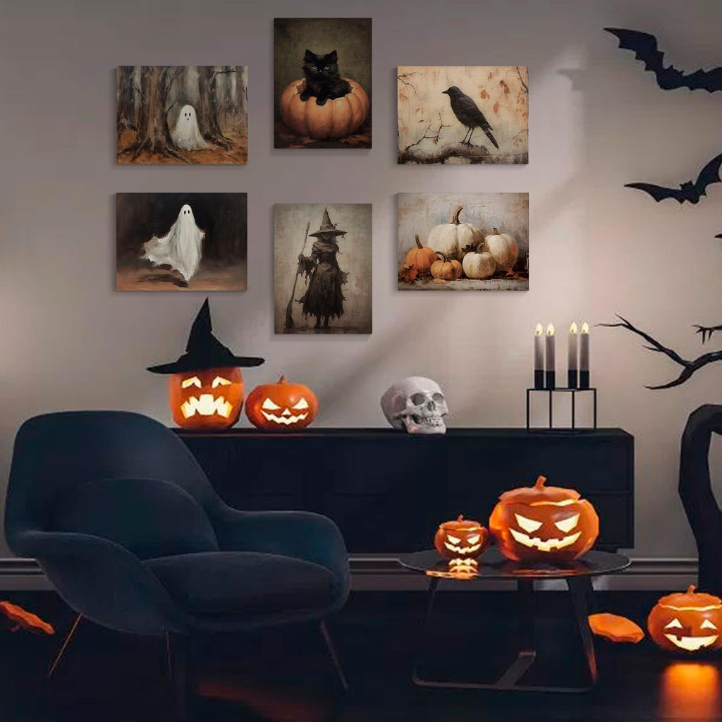 Halloween themed canvas art set displayed in a decorated room with pumpkins and a chair
