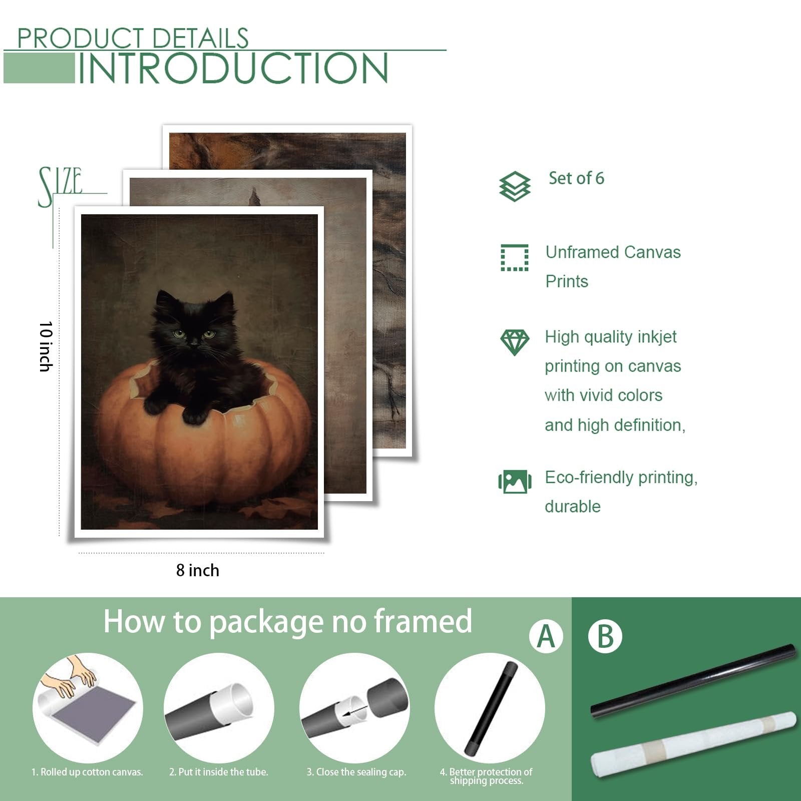 Set of 6 unframed 8x10 inch Halloween canvas art prints featuring a black cat in a pumpkin, with packaging and product details.