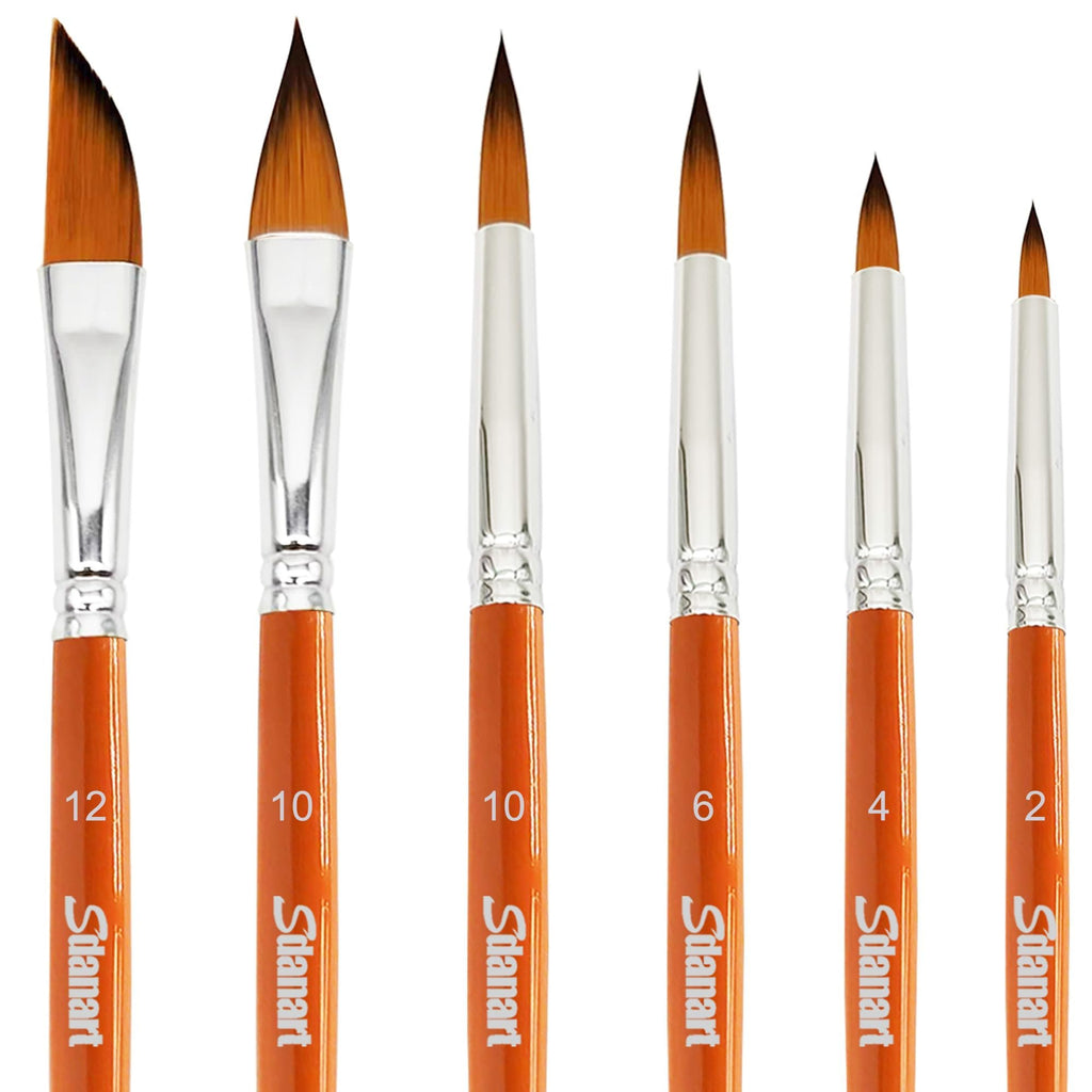 Six watercolor paint brushes with orange handles and silver ferrules, showing different tip shapes and sizes.