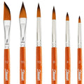 Six watercolor paint brushes with orange handles and silver ferrules, showing different tip shapes and sizes.