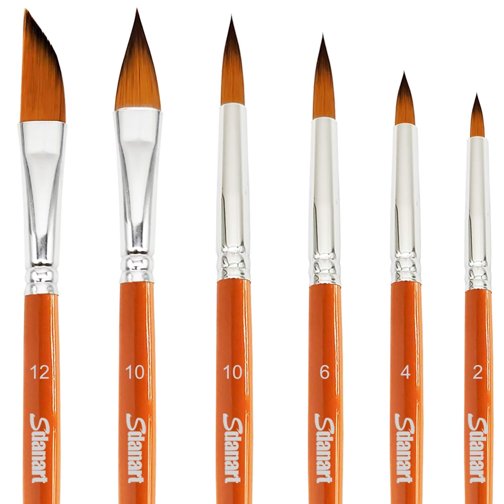 Six watercolor paint brushes with orange handles and silver ferrules, showing different tip shapes and sizes.