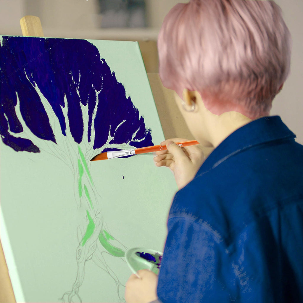 Person with pink hair painting a tree on a canvas with a round-pointed brush