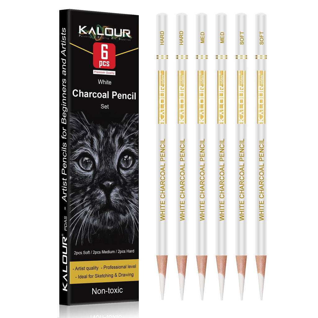 Six white charcoal pencils with different hardness labels and a box showing a cat drawing, set for artists.