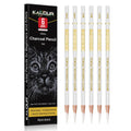 Six white charcoal pencils with different hardness labels and a box showing a cat drawing, set for artists.