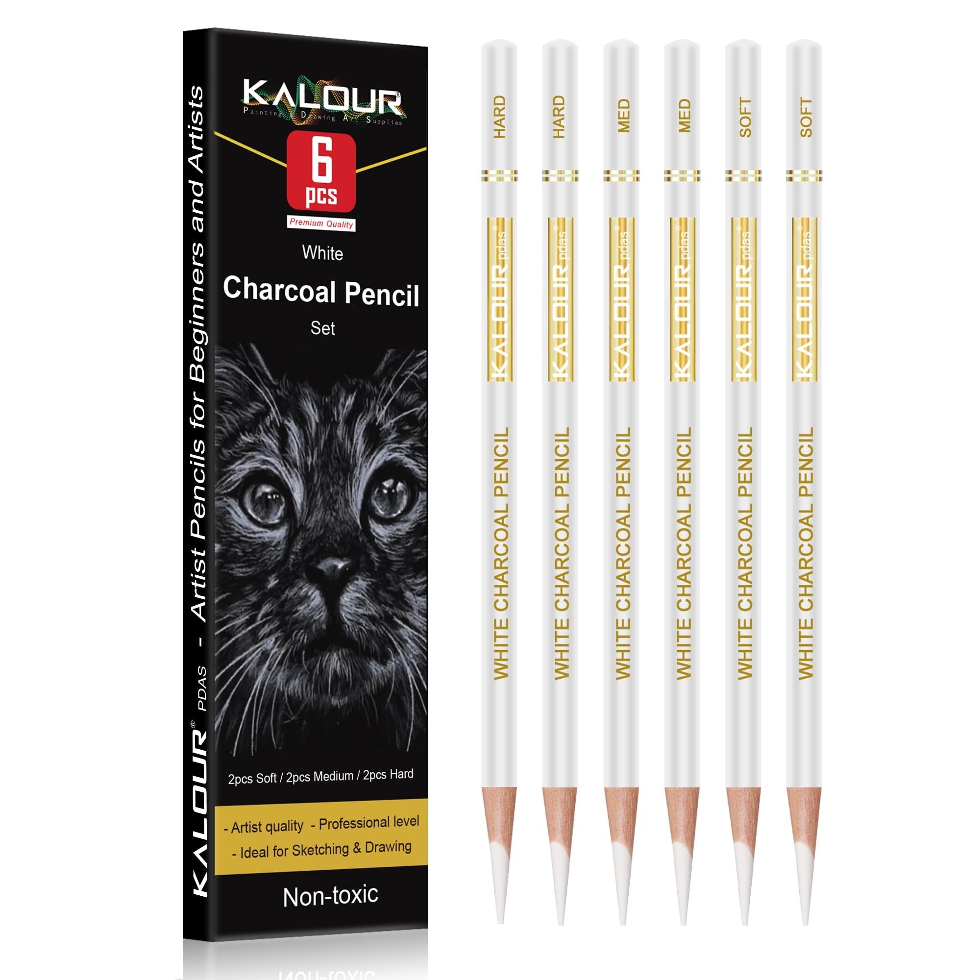 Six white charcoal pencils with different hardness labels and a box showing a cat drawing, set for artists.