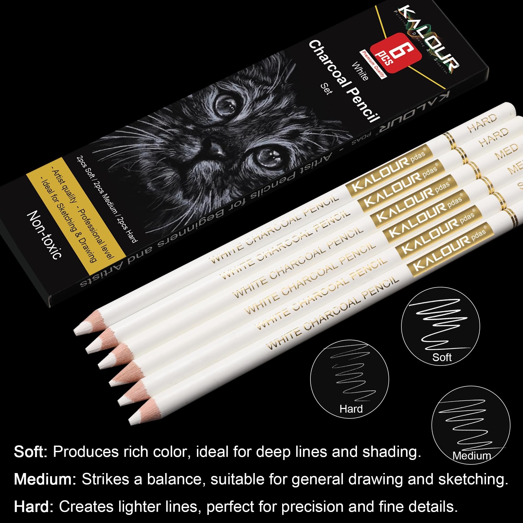 Six white charcoal pencils with gold lettering, shown with their packaging featuring a cat drawing. Includes swatches for soft, medium, and hard grades.