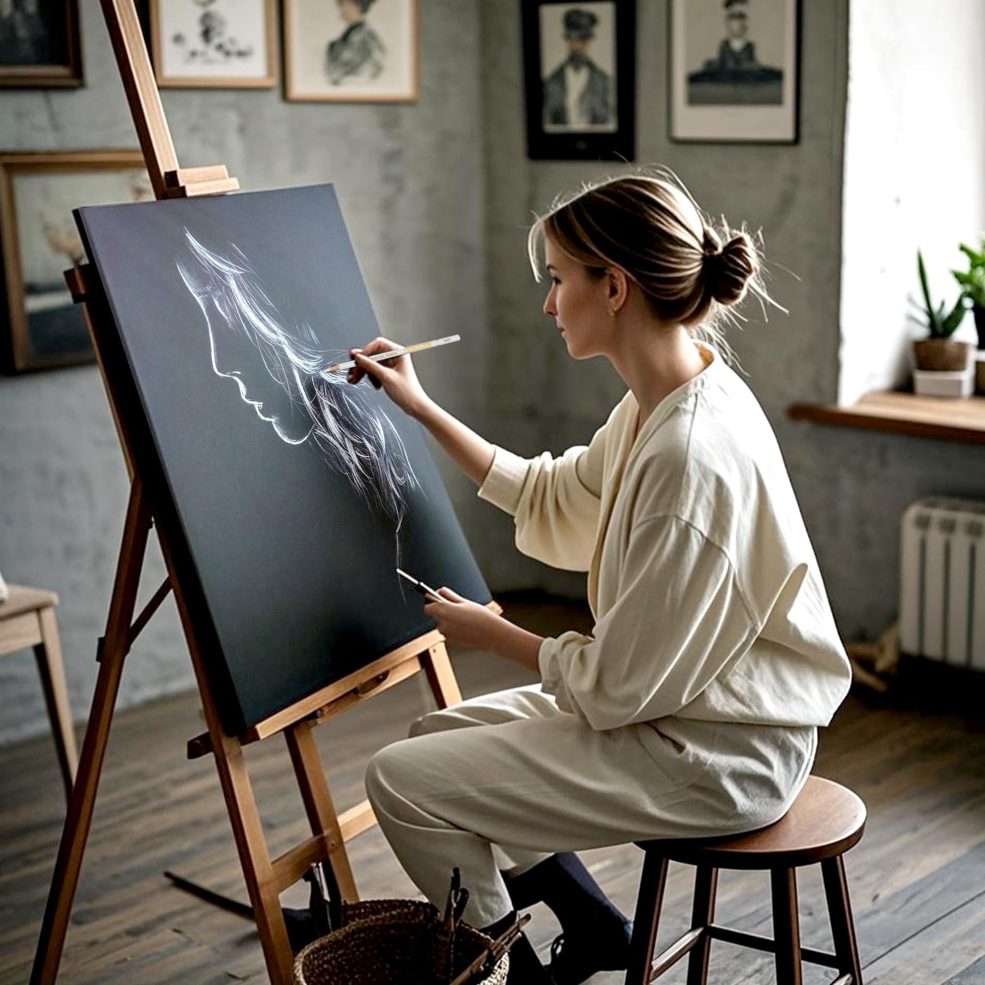 Artist sketching a profile with white charcoal pencils on a black canvas on an easel in a studio setting.