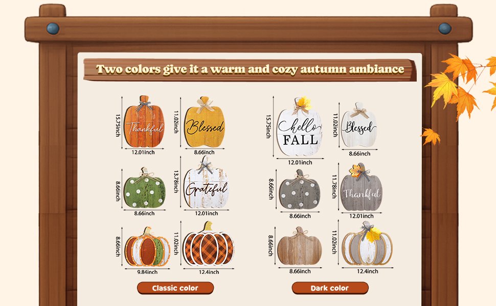 Set of wooden pumpkins with fall greetings, displayed in two color options: Classic and Dark.