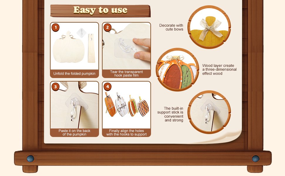 Instructions for assembling a wooden pumpkin porch sign set, showing steps for unfolding, attaching hooks, and adding support sticks.