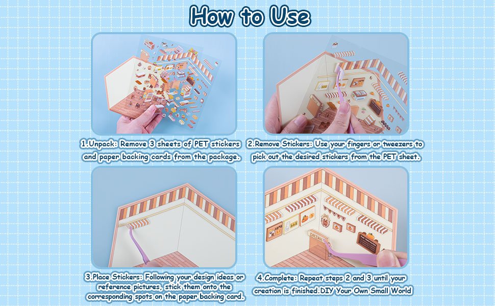 Four-panel diagram showing how to use miniature scene stickers with tweezers.