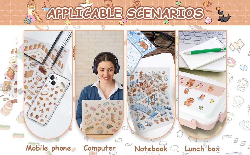 Collage showing applicable scenarios for miniature scene stickers: phone, computer, notebook, and lunch box.