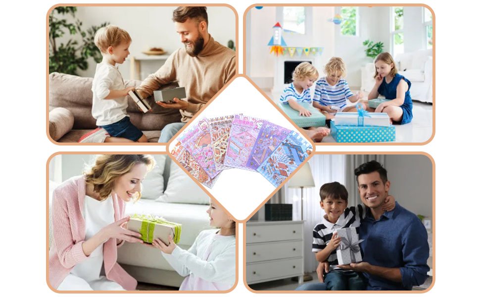 Collage of families receiving gifts, with a central image of miniature scene sticker sheets.