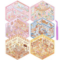 Six isometric miniature scene sticker sheets with tweezers, featuring cute characters in various shops like a bakery, library, and burger joint.