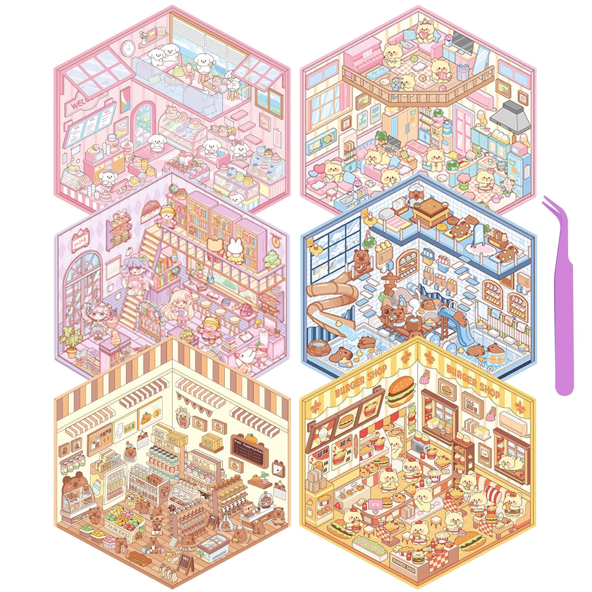 Six isometric miniature scene sticker sheets with tweezers, featuring cute characters in various shops like a bakery, library, and burger joint.