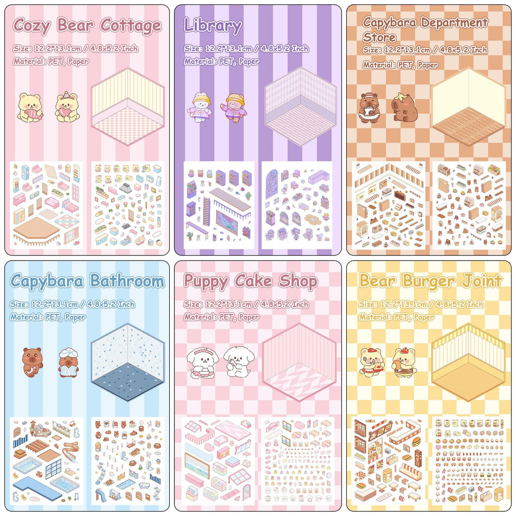Six different miniature scene sticker kits, each showing a themed room and various stickers for decoration.