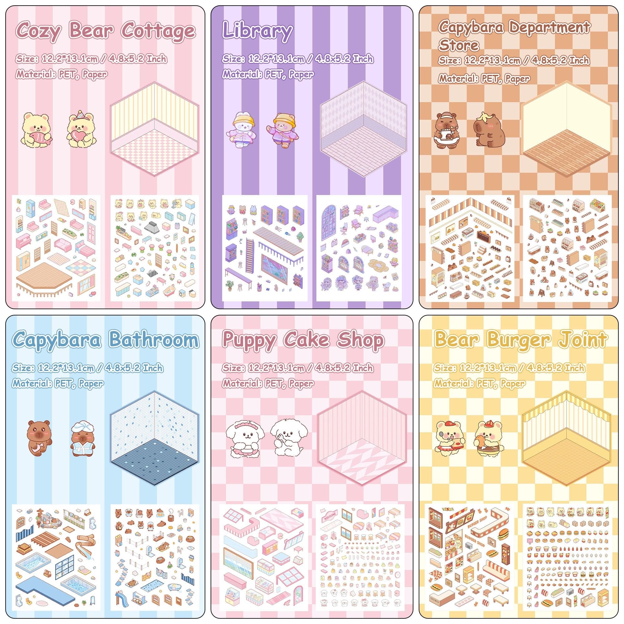 Six different miniature scene sticker kits, each showing a themed room and various stickers for decoration.
