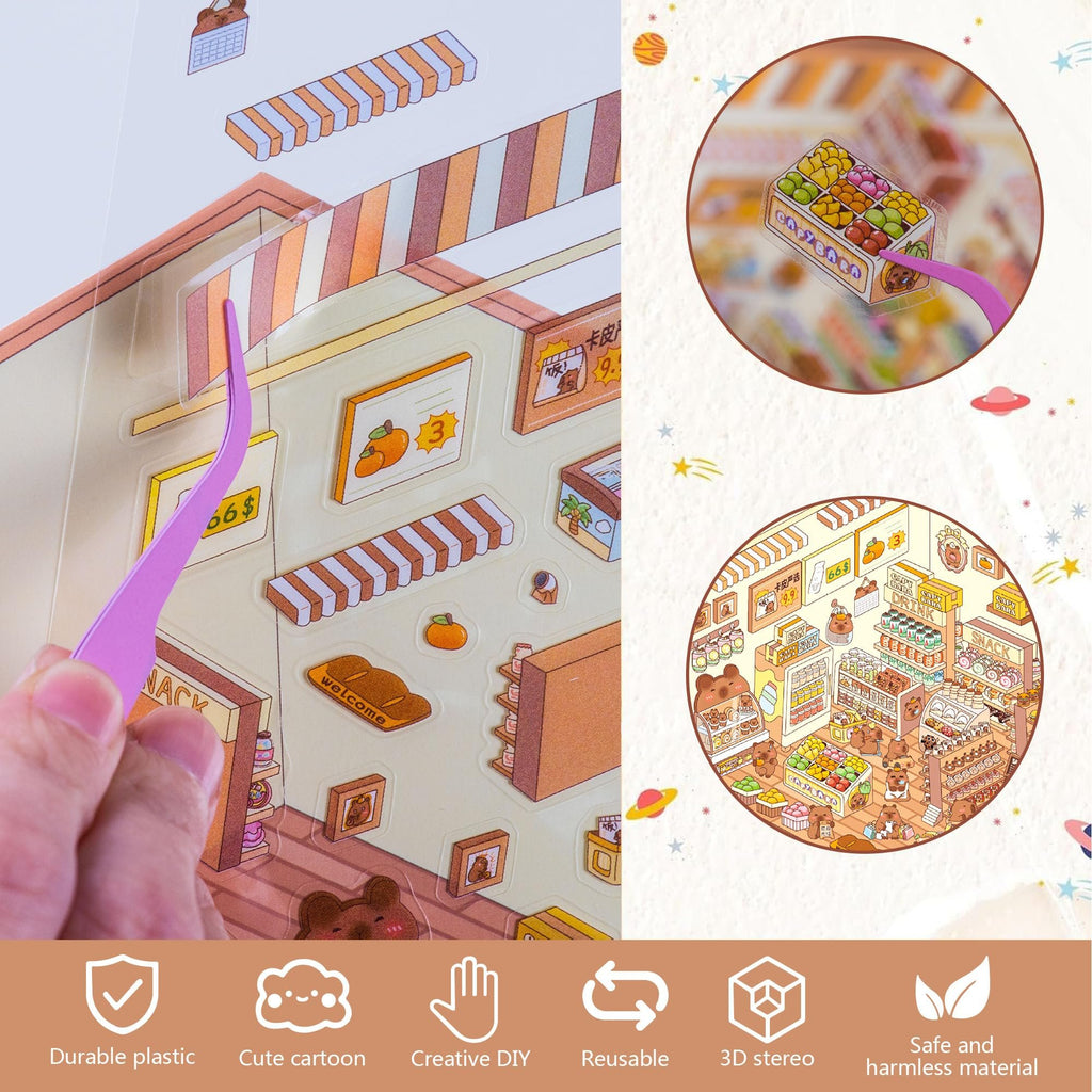 Hand using tweezers to place a miniature scene sticker of a store shelf with snacks and drinks.