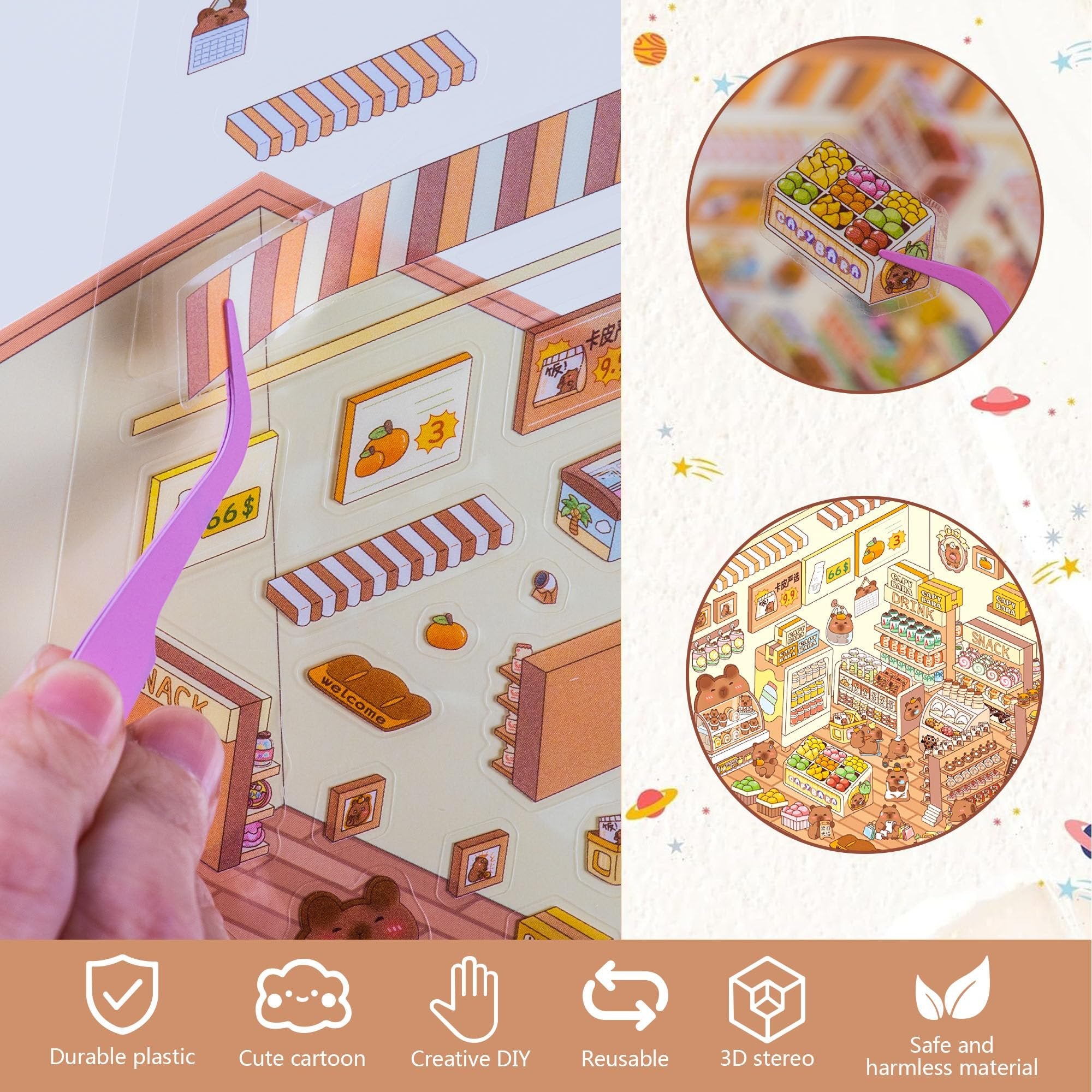 Hand using tweezers to place a miniature scene sticker of a store shelf with snacks and drinks.