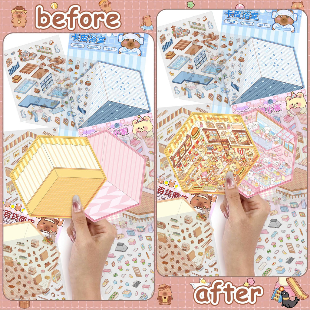 Split image showing DIY miniature scene sticker kits before and after assembly, with cartoon bears and room designs.