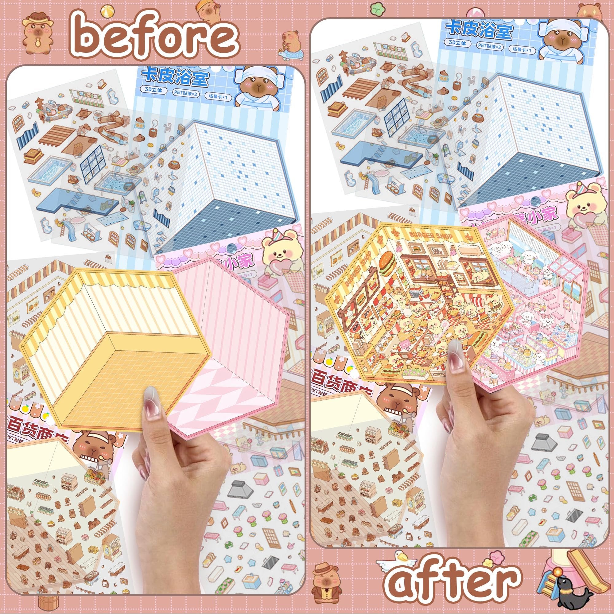 Split image showing DIY miniature scene sticker kits before and after assembly, with cartoon bears and room designs.