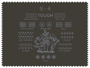 Embroidery sampler showing various stitch types like needle winding, split line, grid stitching, spider web, nets, lace threading, foliage, arched, and buttonhole, with floral and mushroom illustrations.