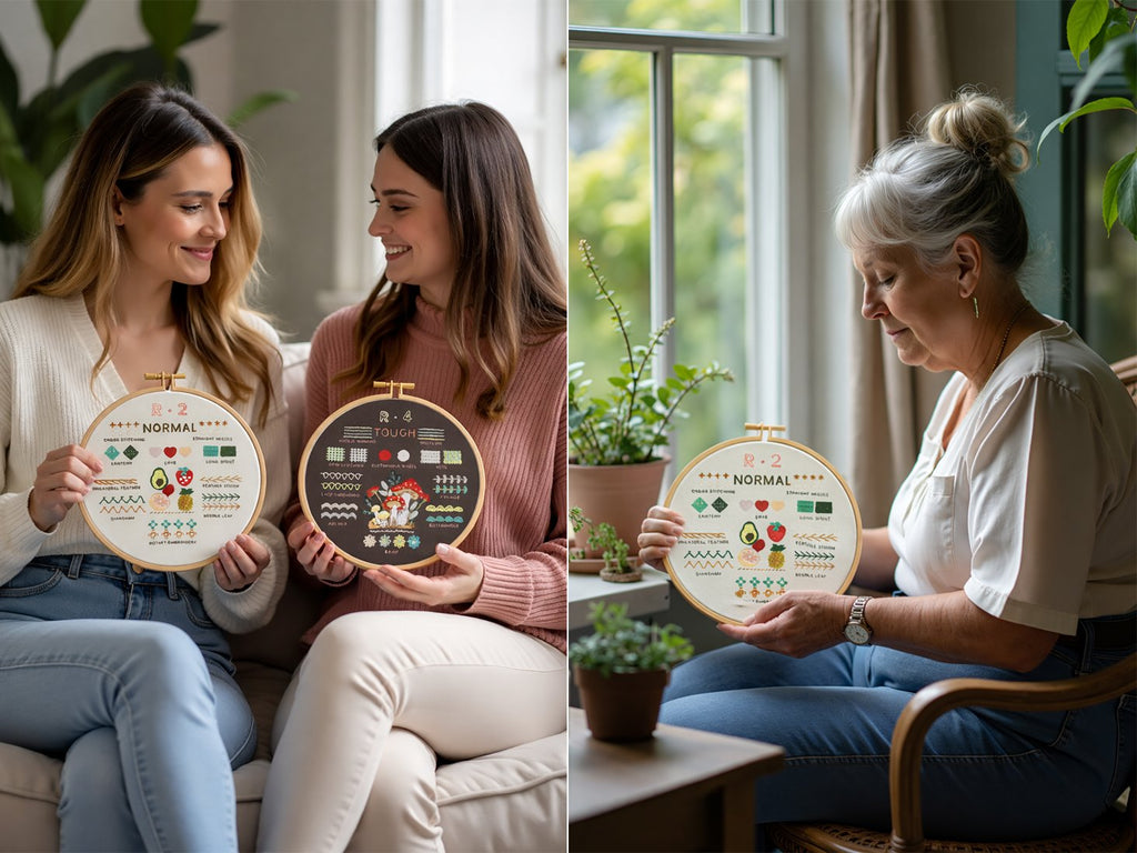 Two women and an older woman holding embroidery hoops with stitch patterns and fruit designs.
