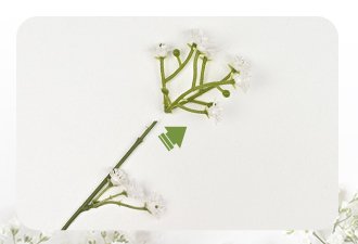 Six-stem white artificial baby's breath bouquet shown from above, with one stem detached and an arrow indicating assembly.