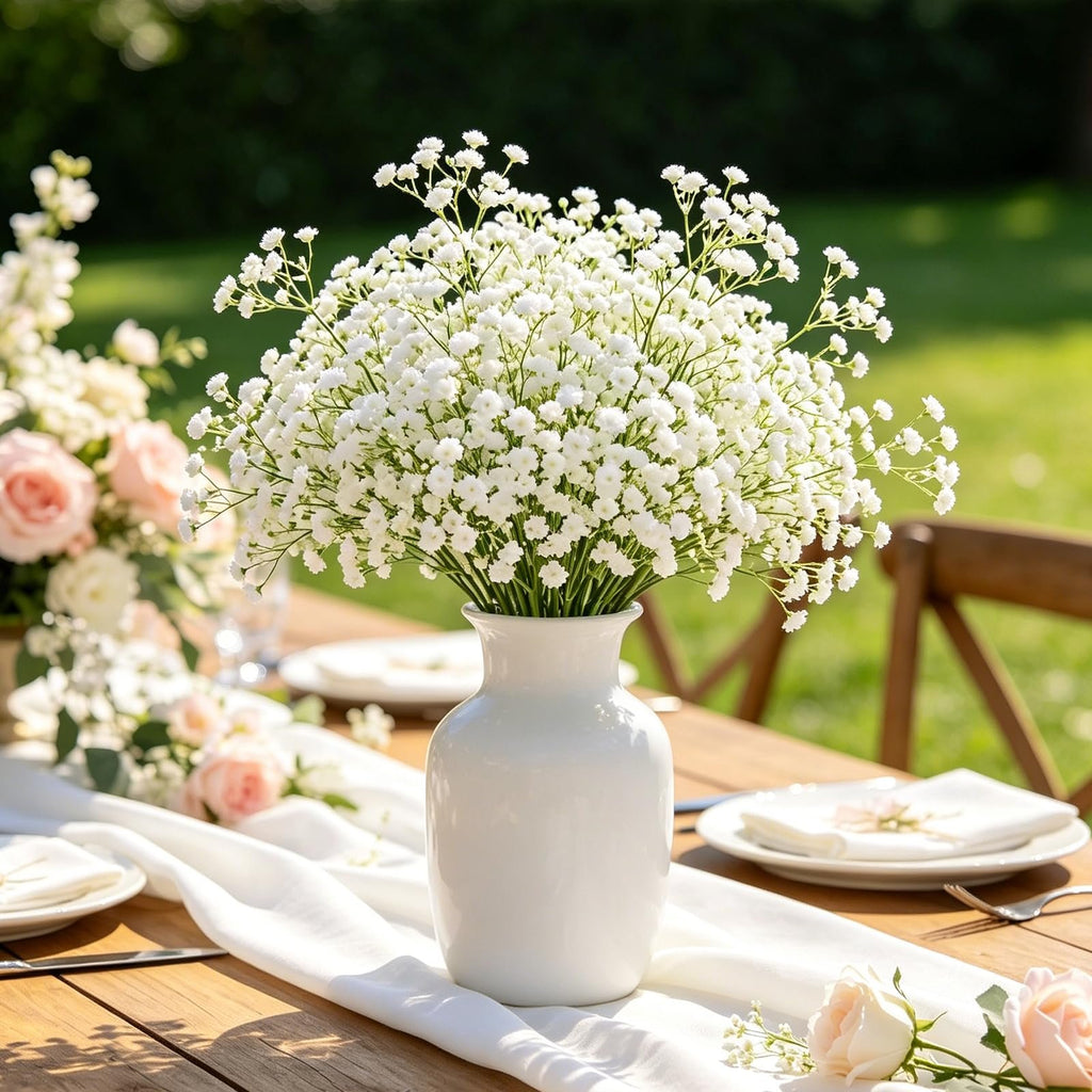 White artificial baby's breath bouquet in a white vase on a wooden table with place settings and pink roses
