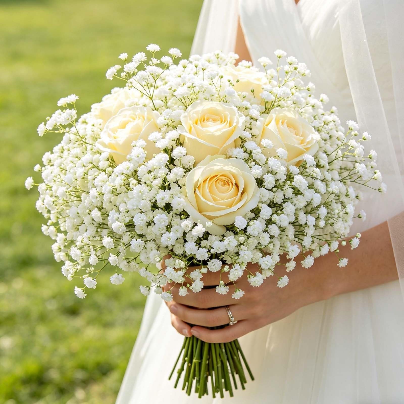 Bride holding a bouquet of white roses and baby's breath with a green grassy background.