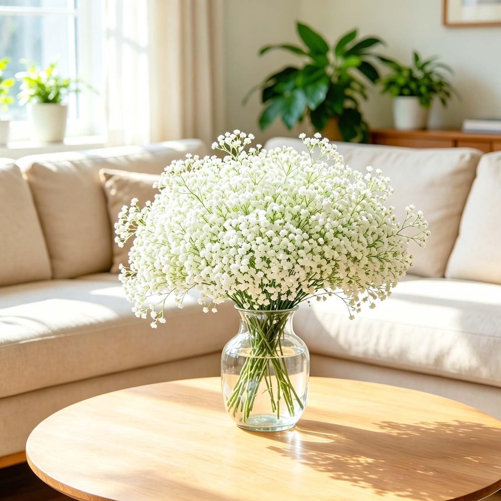 Bouquet of white artificial baby's breath flowers in a glass vase on a wooden coffee table in a living room.