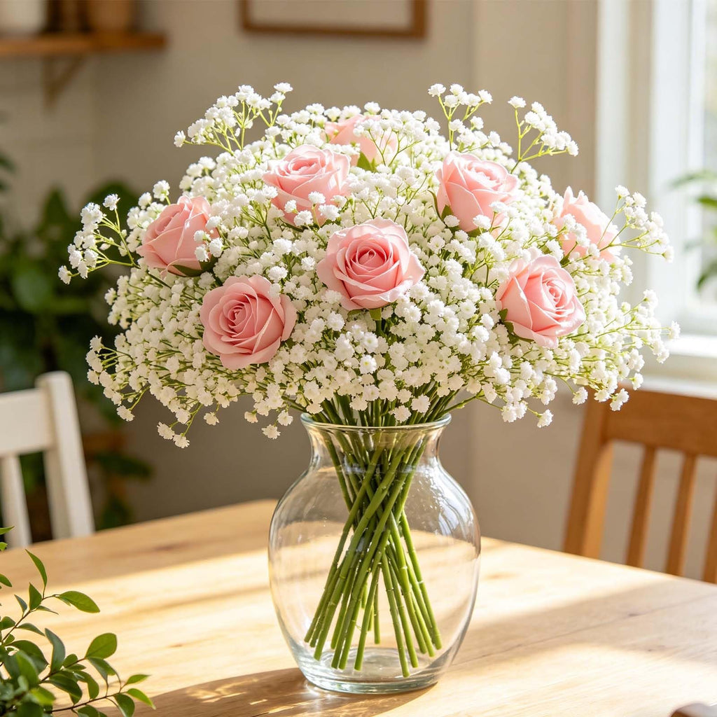Bouquet of pink roses and white baby's breath in a clear glass vase on a wooden table.