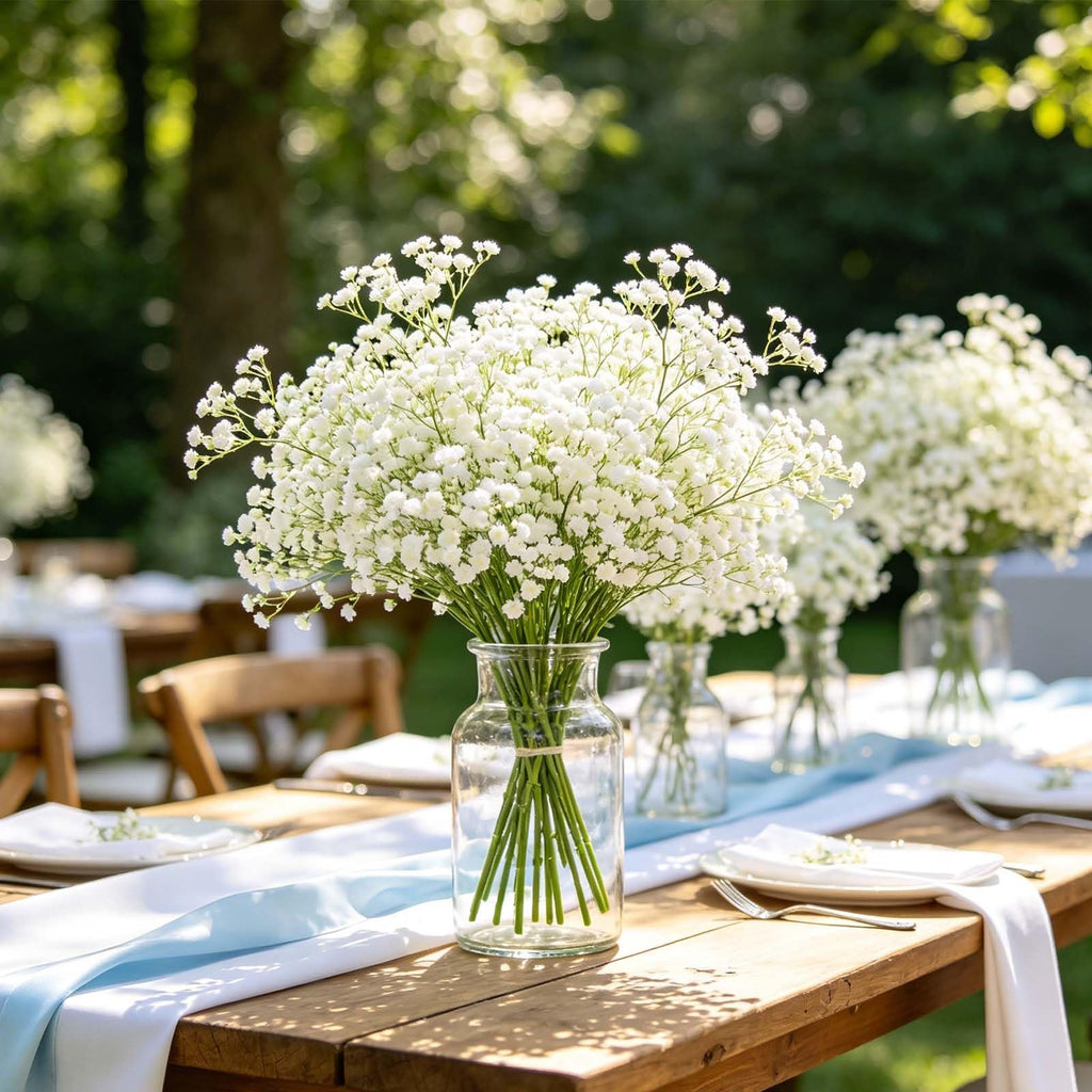Bouquet of white artificial baby's breath flowers in a glass vase on a wooden table setting