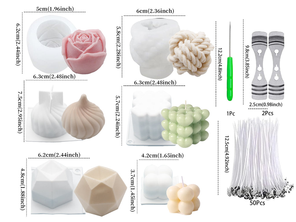 Six styles of silicone candle molds and finished candles shown with dimensions, plus wicks and holders.