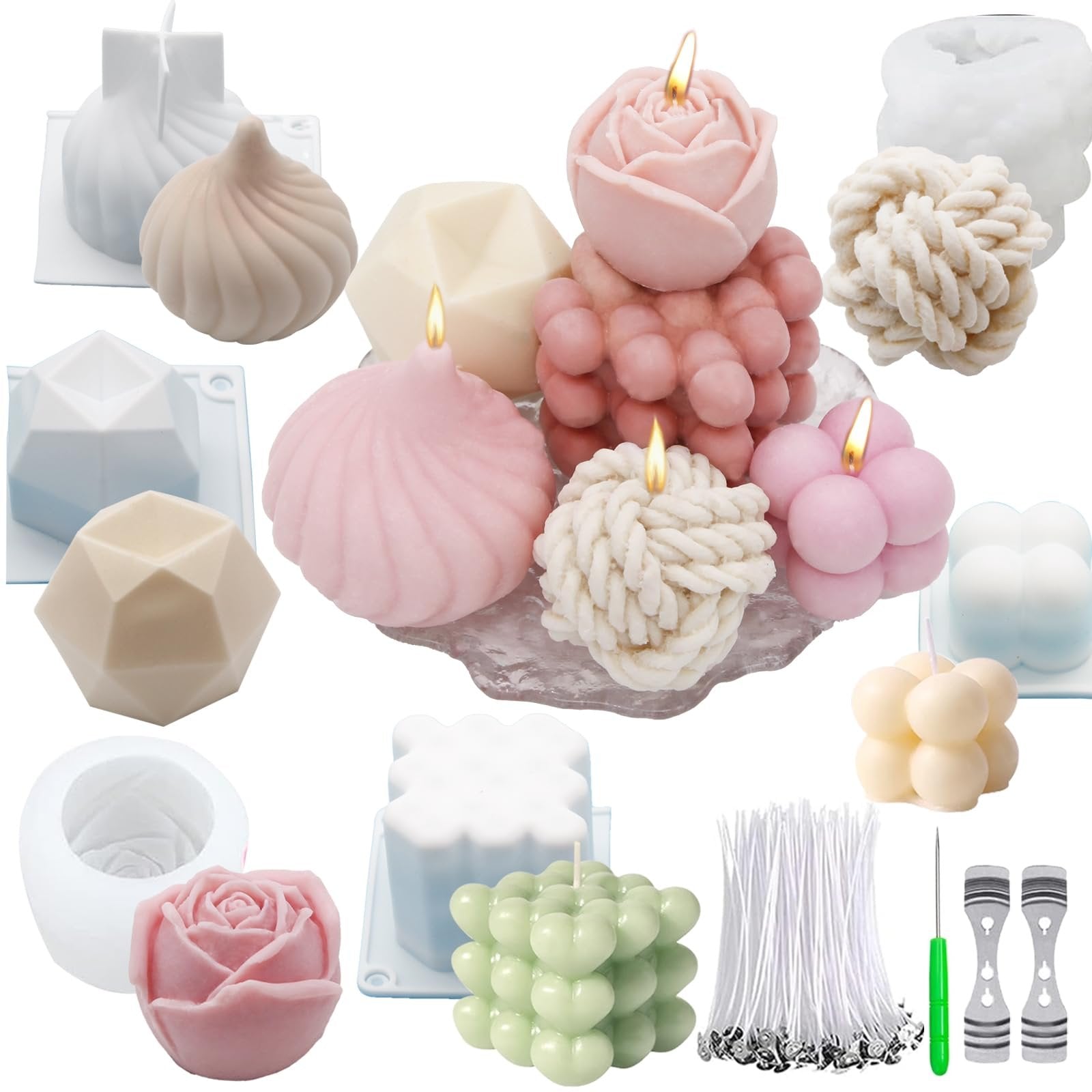 Assortment of silicone candle molds and finished candles in various shapes including rose, geometric, and bubble designs, with wicks and tools.