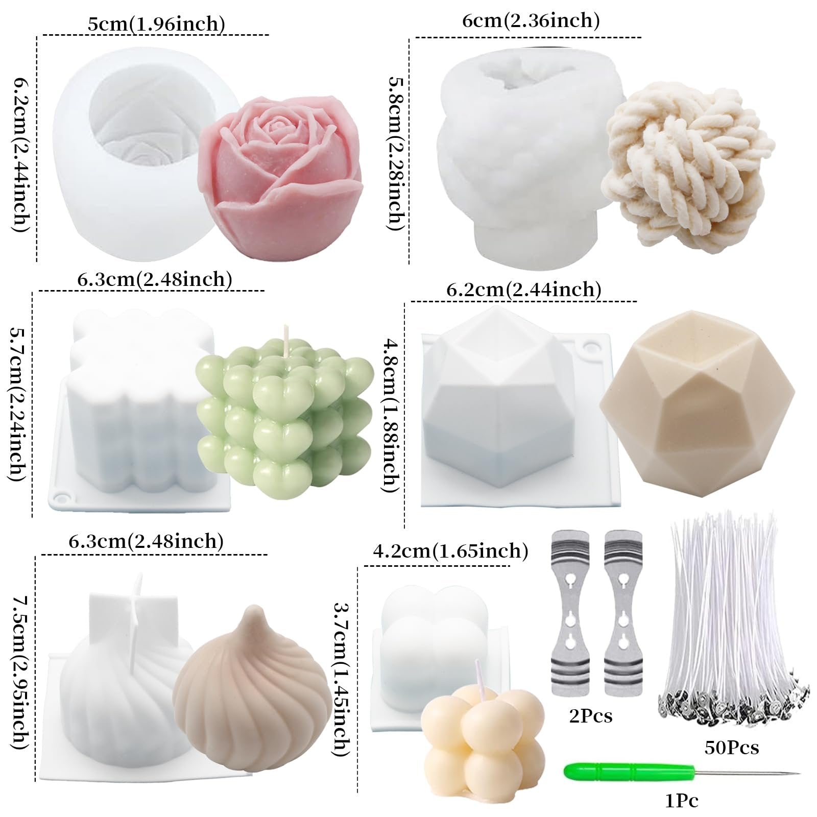 Six styles of silicone candle molds and finished candles, with wicks, holders, and a needle tool.