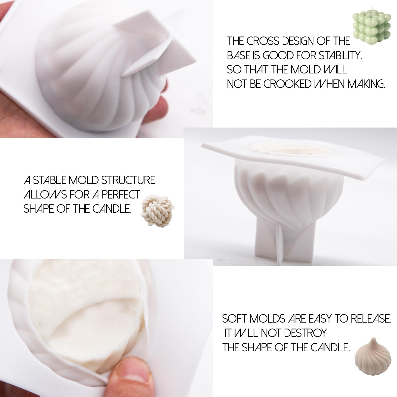 White silicone candle mold in various angles, showing stability and ease of release for DIY crafts.