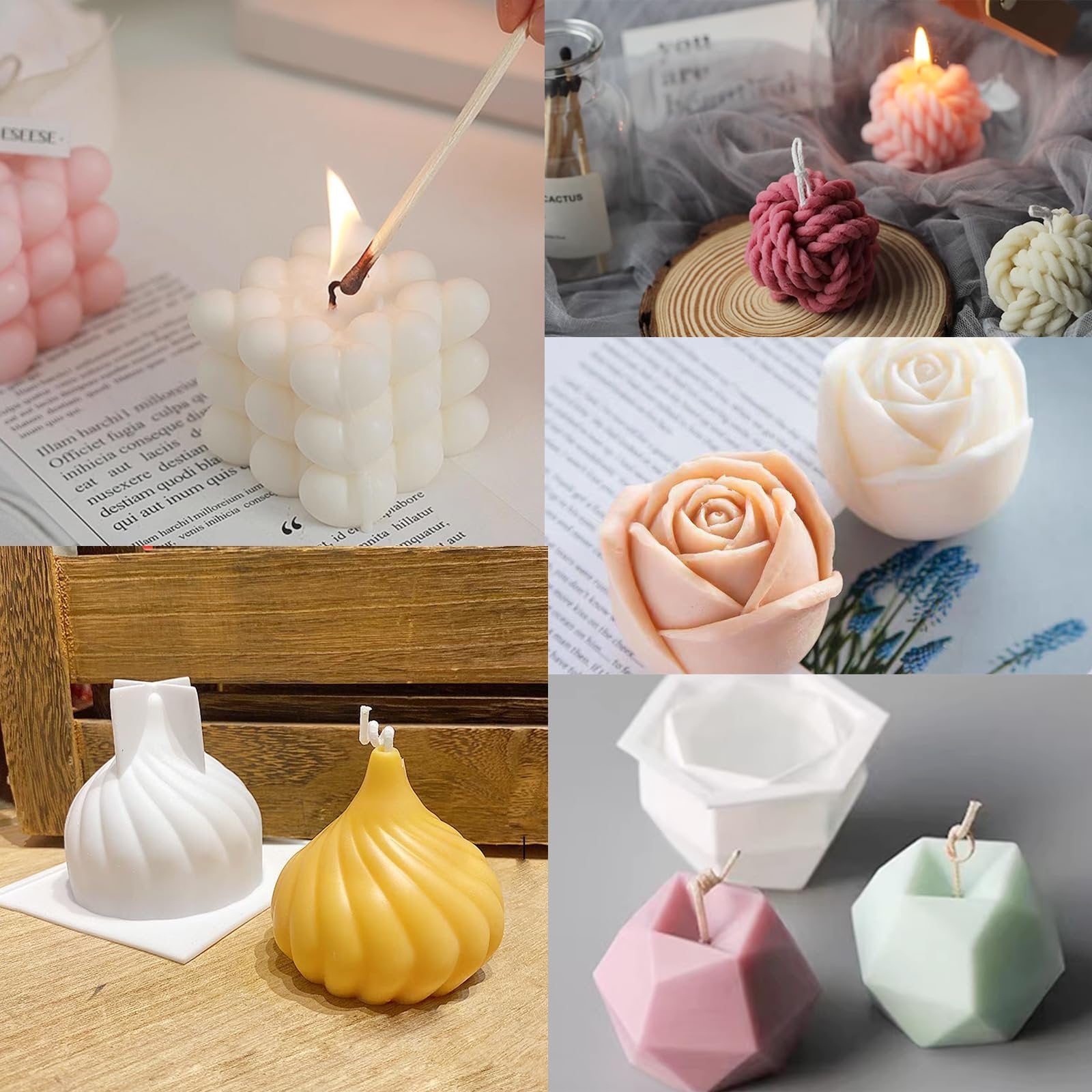 Collage of various silicone candle molds and finished candles in different shapes including bubble, rose, geometric, and onion.