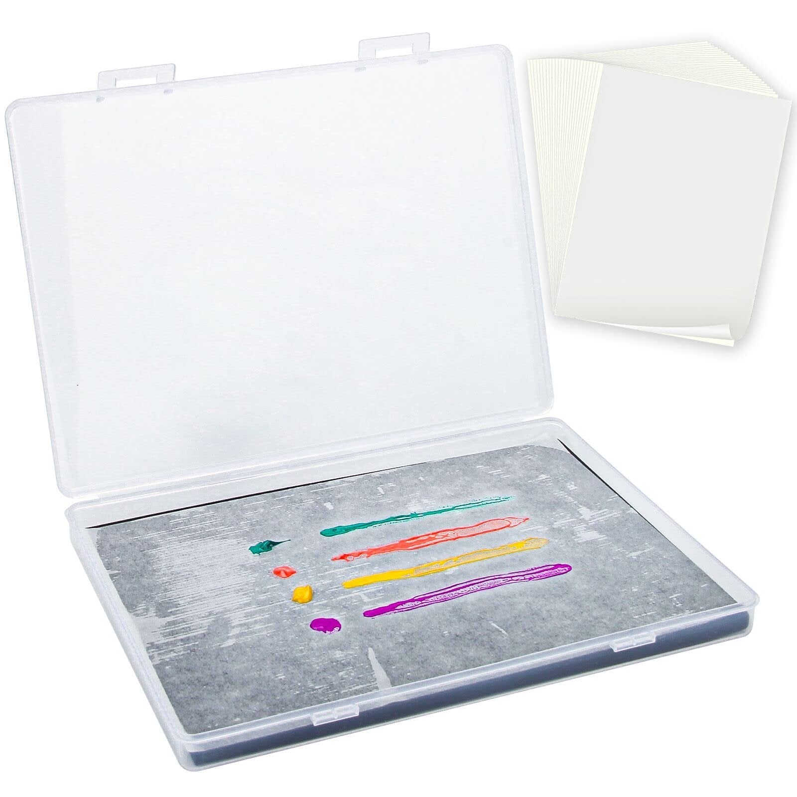 Open wet palette kit with colorful paint streaks on the sponge and a stack of palette papers beside it.