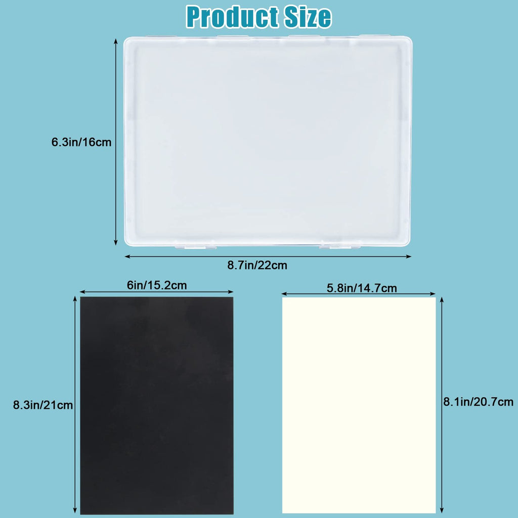 Wet palette kit dimensions shown with a clear plastic case and two sheets, one black and one white, with size callouts in inches and centimeters.