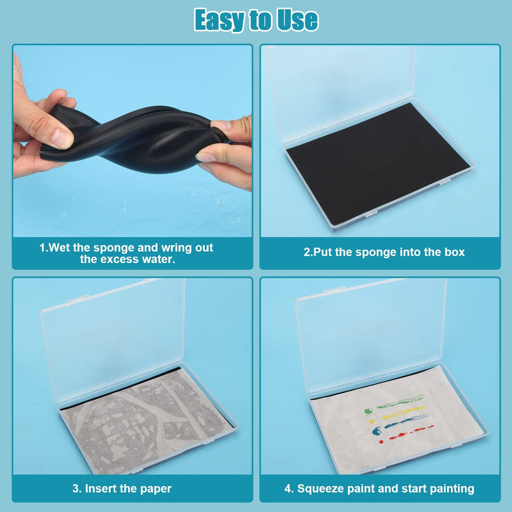 Four-panel image showing how to use a wet palette kit for acrylic painting.