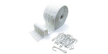 White curtain pleating tape roll with metal curtain hooks on a white background