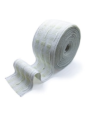 Roll of white curtain pleating tape with woven grid pattern, unspooling to the left on a white background.