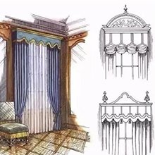 Architectural drawing of window treatments with pleated curtains and decorative valances.